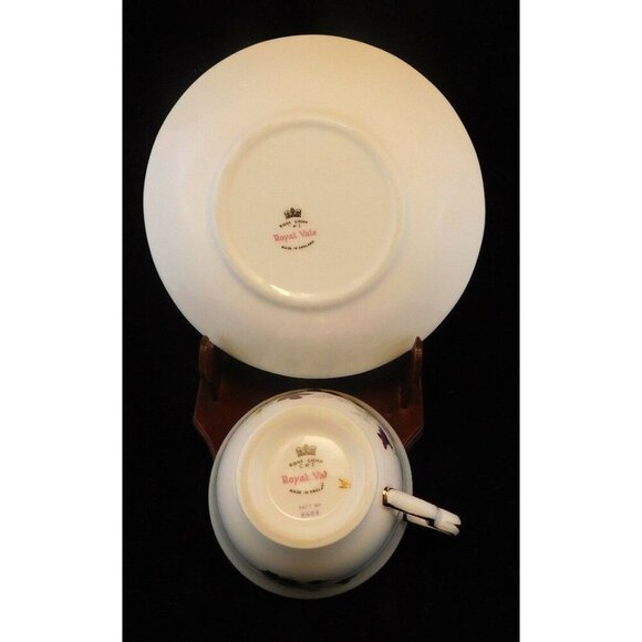 Royal Vale English Bone China Tea Cup Saucer With Violets Design Gold Trim - Picture 10 of 10